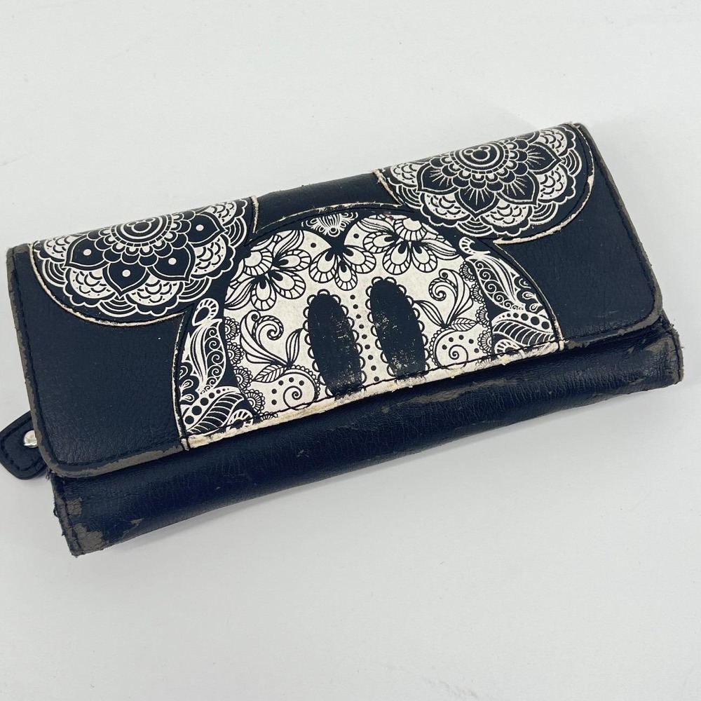 Loungefly‎ Disney Mickey Mouse Sugar Skull Floral Mandala Tri-Fold Wallet Black